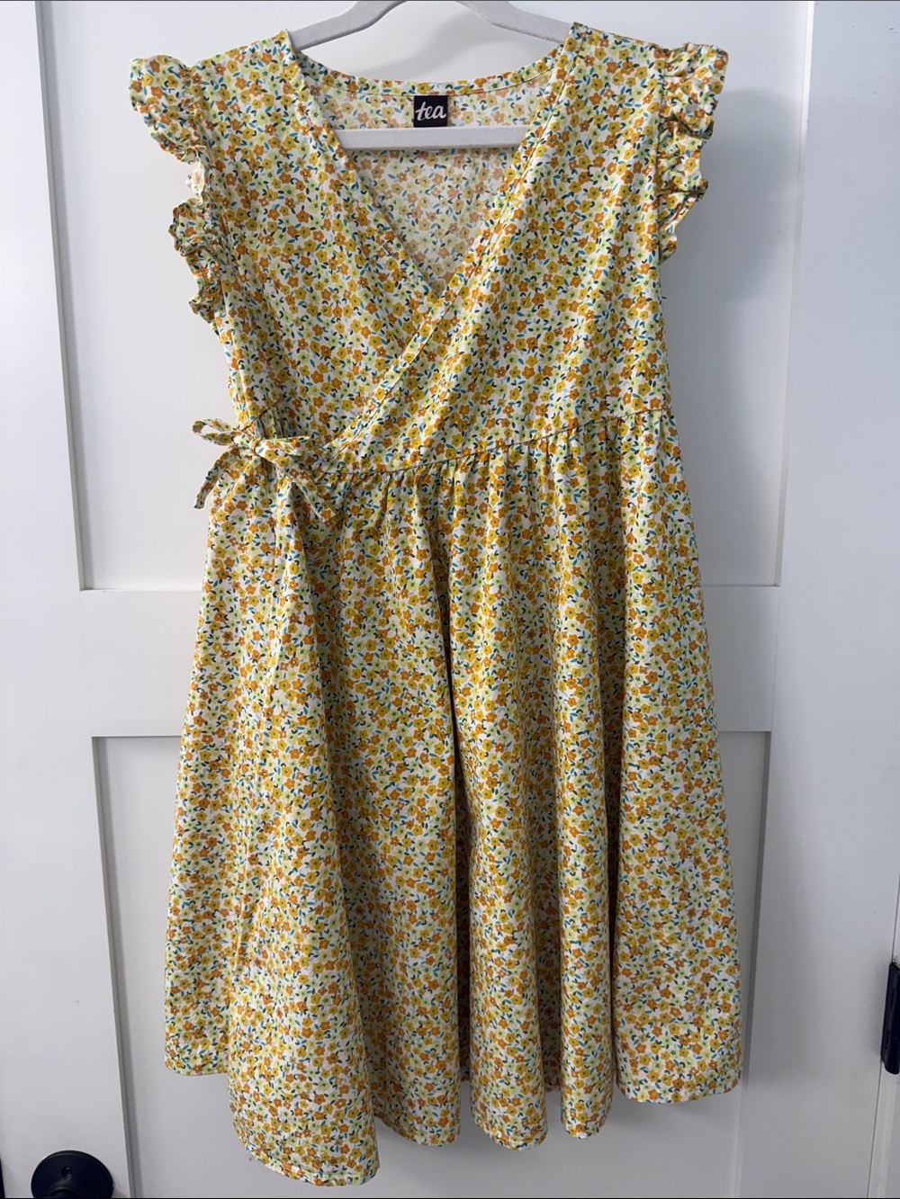 Tea Collection Yellow Floral Tie-Waist Wrap Dress